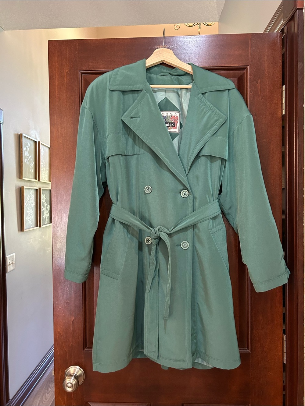 Vintage Utex 50 Sage Green Belted Double Breasted Trench Coat Size 8